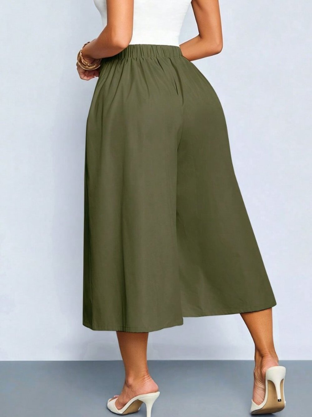 Army Green Casual Women's Casual High-Waist Pleated Capri Pants - Picture 2 of 10